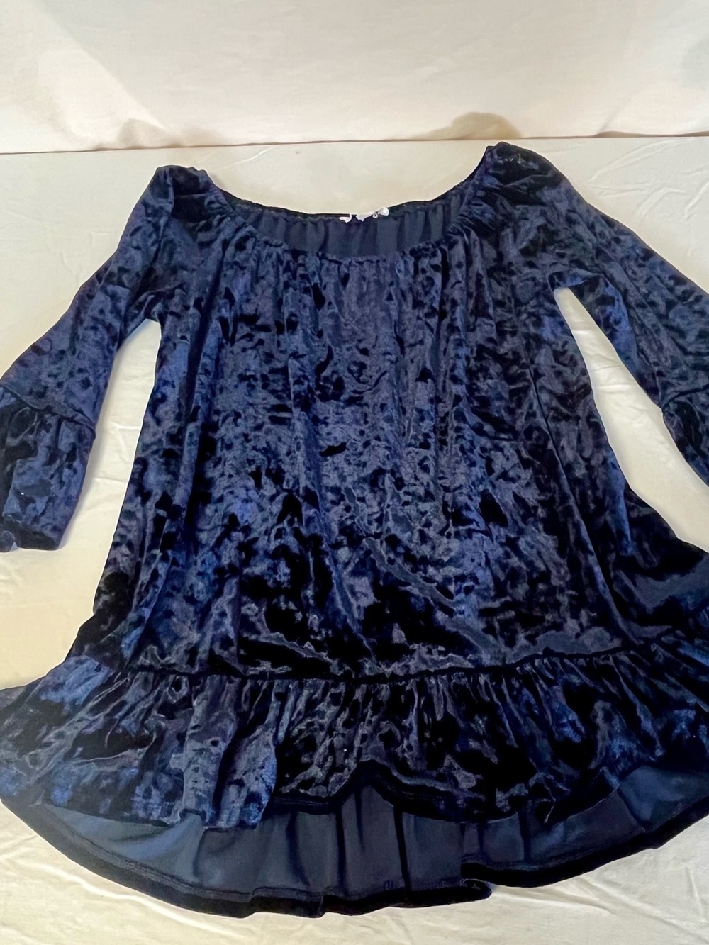 Beachlunchlounge Navy Crushed Velvet Velour Ruffle Popover Tunic Top Blouse M